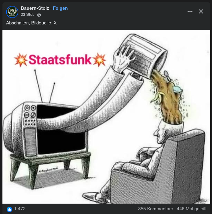 Beitrag einer Seite namens "Bauern-Stolz", aus einem TV-Gerät kommen Arme und schütten eine Mülltonne in den Schädel einer Person aus, die auf einem Sessel vor dem Gerät sitzt. Darüber steht "Staatsfunk". Der Beitrag hat 355 Kommentare, 1472 Likes und wurde 446 mal geteilt.